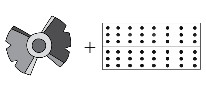 pictograph showing a central eye followed by a plus sign and a pictograph showing a box with dots