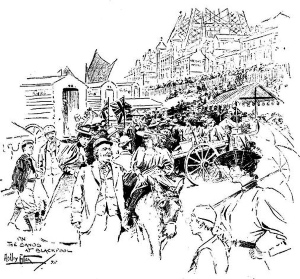 "On the sands at Blackpool", Hedly Fitton, 1895, for the Manchester Times.